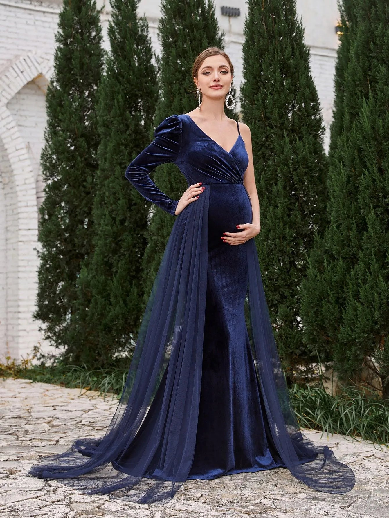 Maternity Asymmetrical Neck Mermaid Hem Velvet Dress