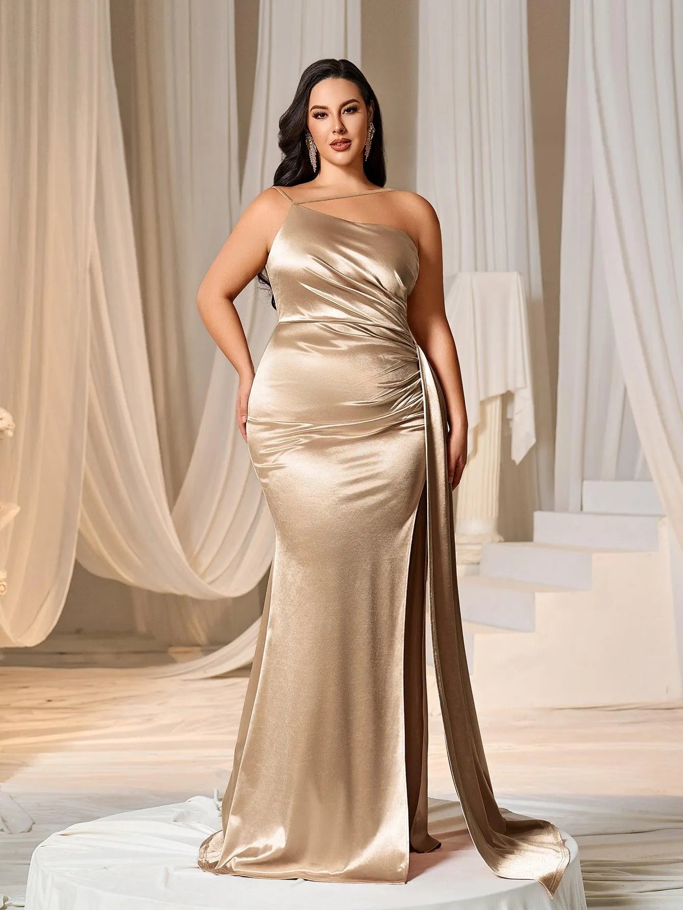 Plus Asymmetric Neckline Satin Mermaid Party Dress