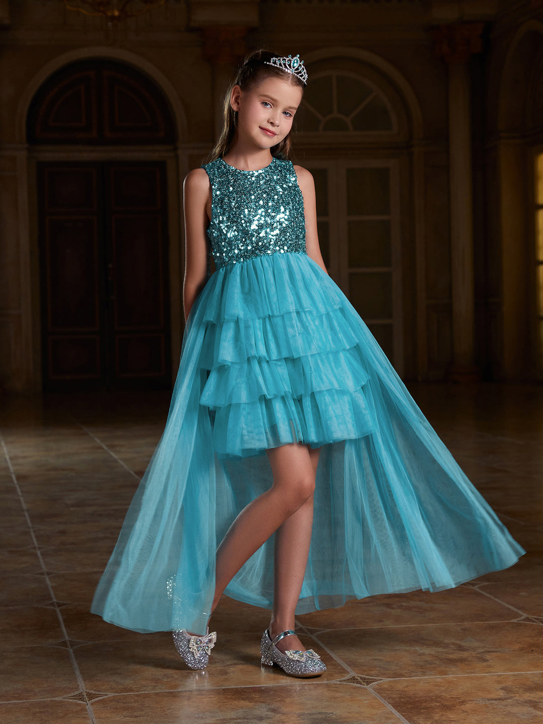 Tween Girls' Mesh Layered Hem Sequin Party Dress