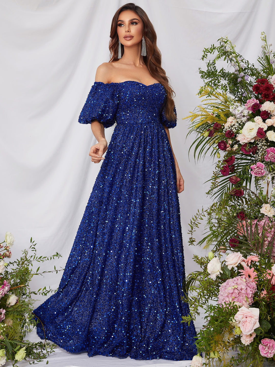 Elegant Off Shoulder Short Sleeve Sequin A Line Dresses