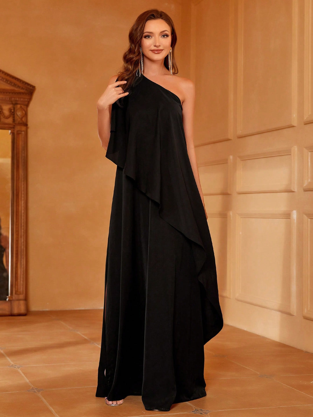 One Shoulder Sleeveless Ruffle Trim Chiffon Dress