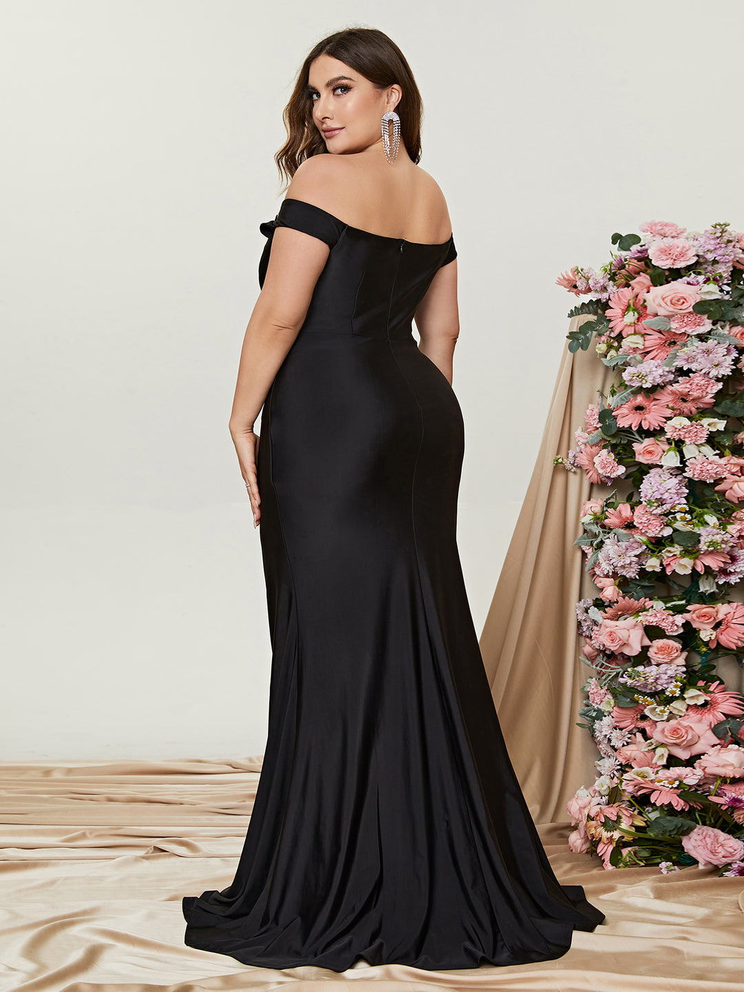 Plus Off Shoulder Ruched Wrap Hem Slit Gown