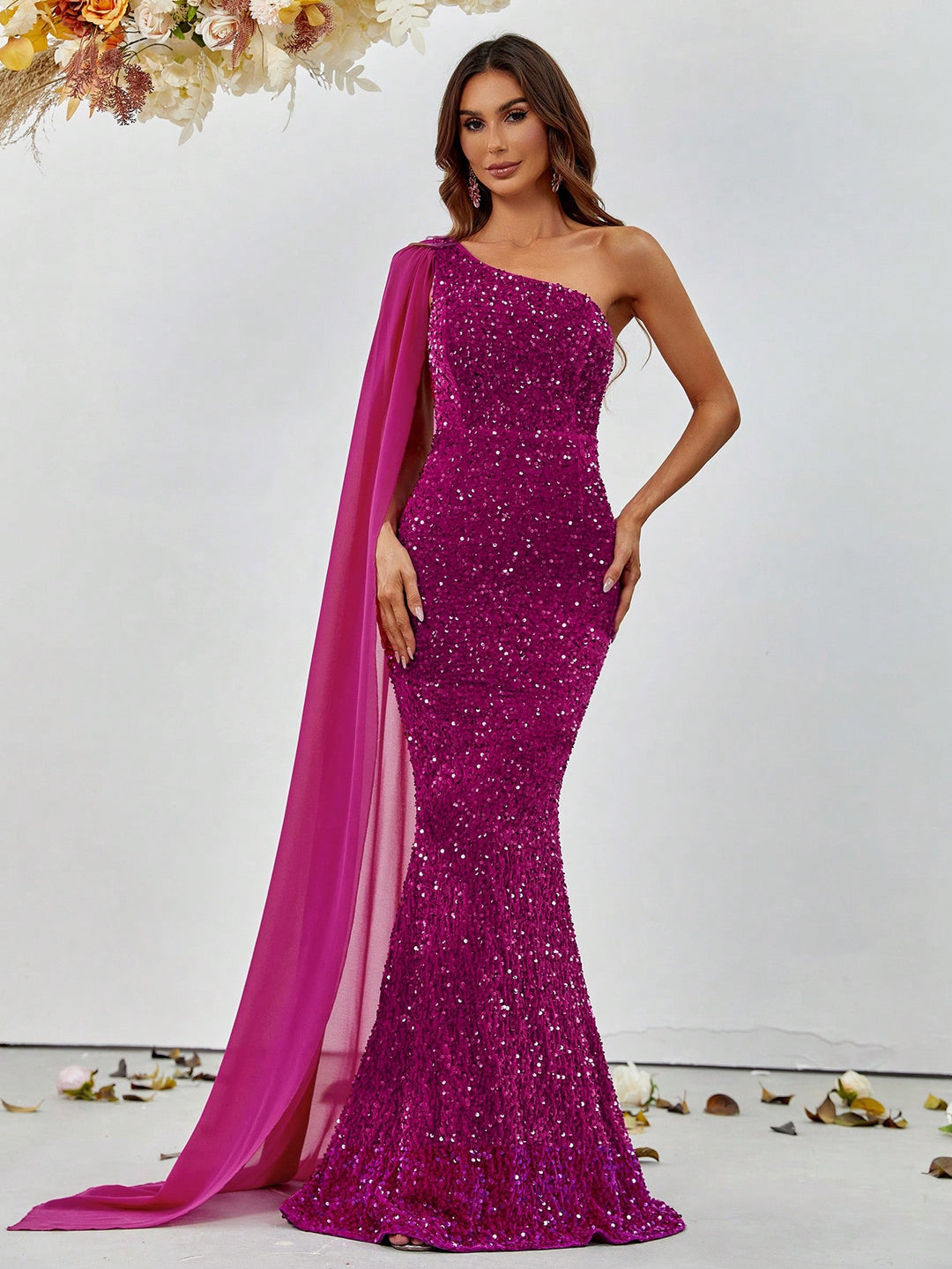 Elegant Sequin One Shoulder Sash Prom Dresses