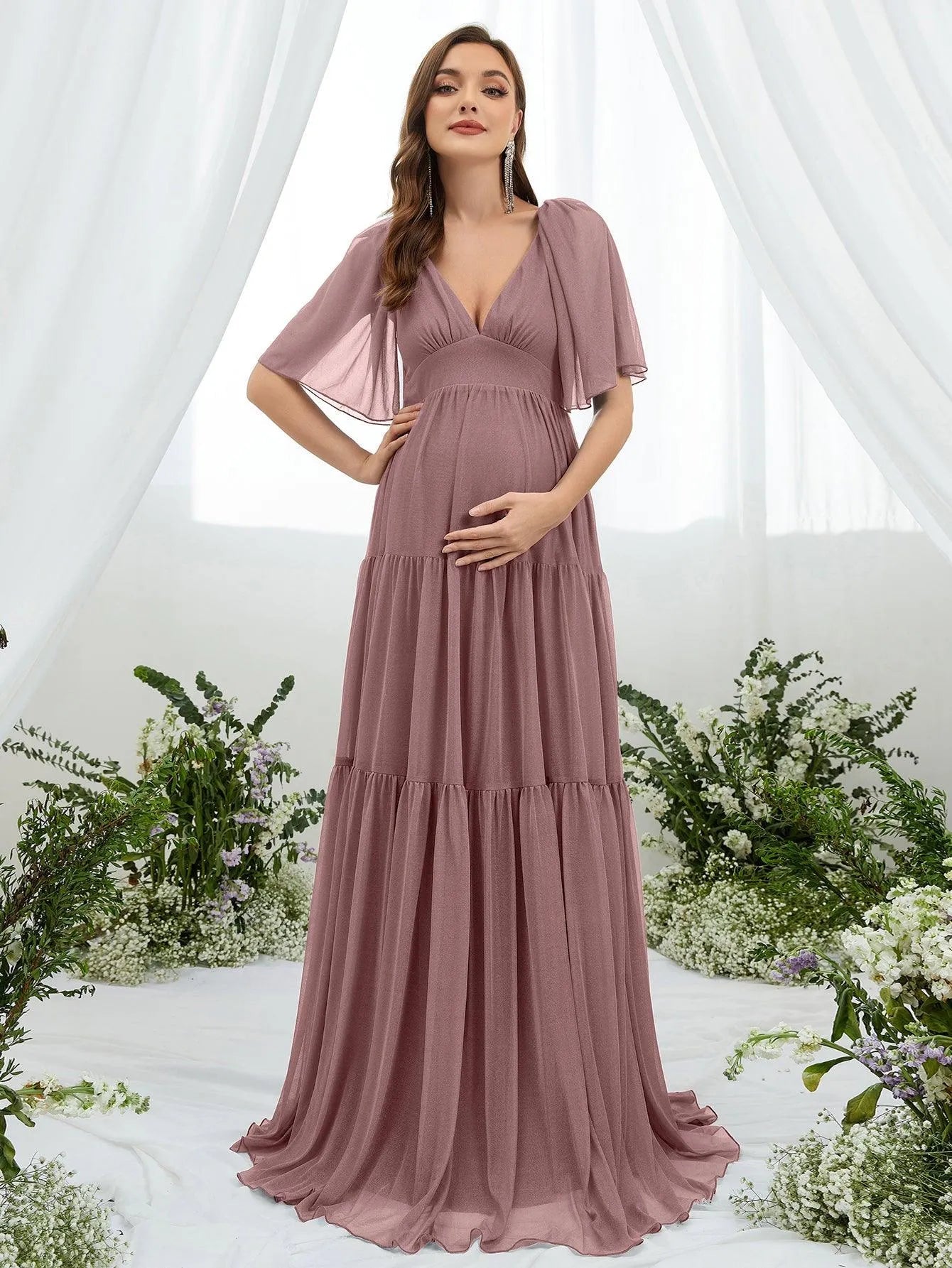 Maternity Plunging Neck Butterfly Sleeve Ruffle Hem Dress