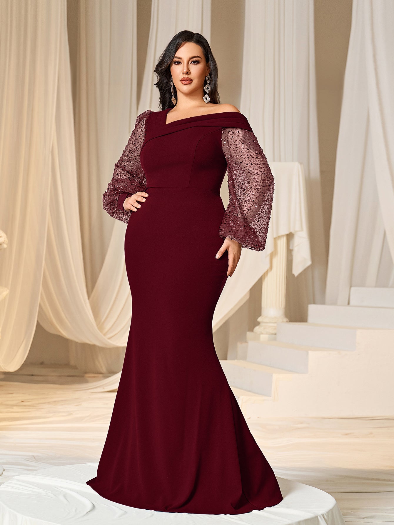 Plus Asymmetrical Neck Lantern Sleeves Formal Mermaid Dress