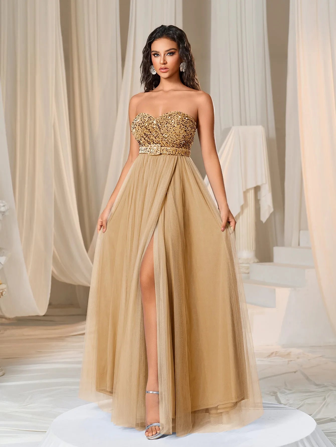 Elegant Strapless Split Thigh A-line Formal Evening Dress