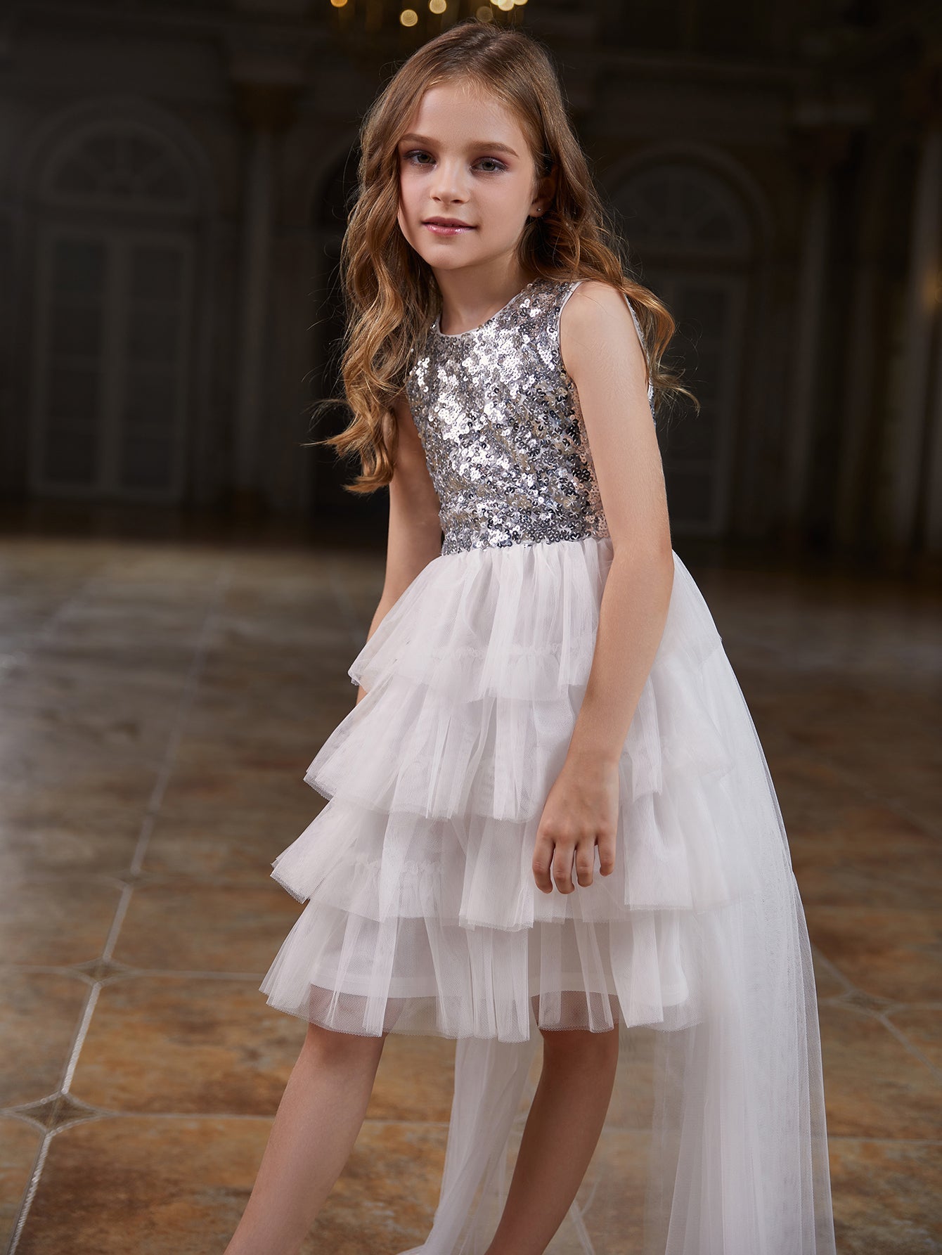 Tween Girls' Mesh Layered Hem Sequin Party Dress