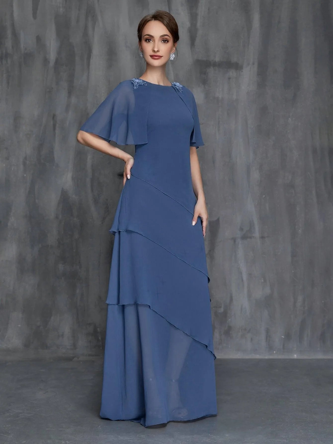 Womens' Applique Detail Layered Hem Chiffon Dress