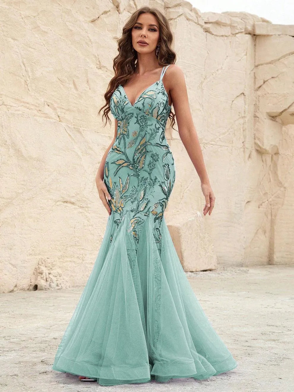 Elegant Mermaid Hem Mesh Insert Sequin Cami Dress