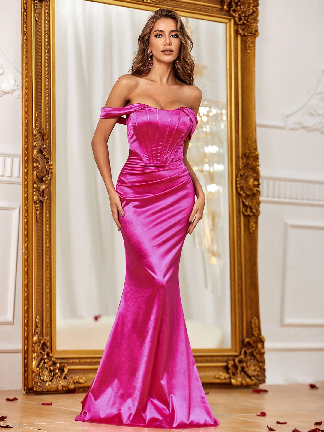 Elegant Off Shoulder Satin Pleated Mermaid Dresses