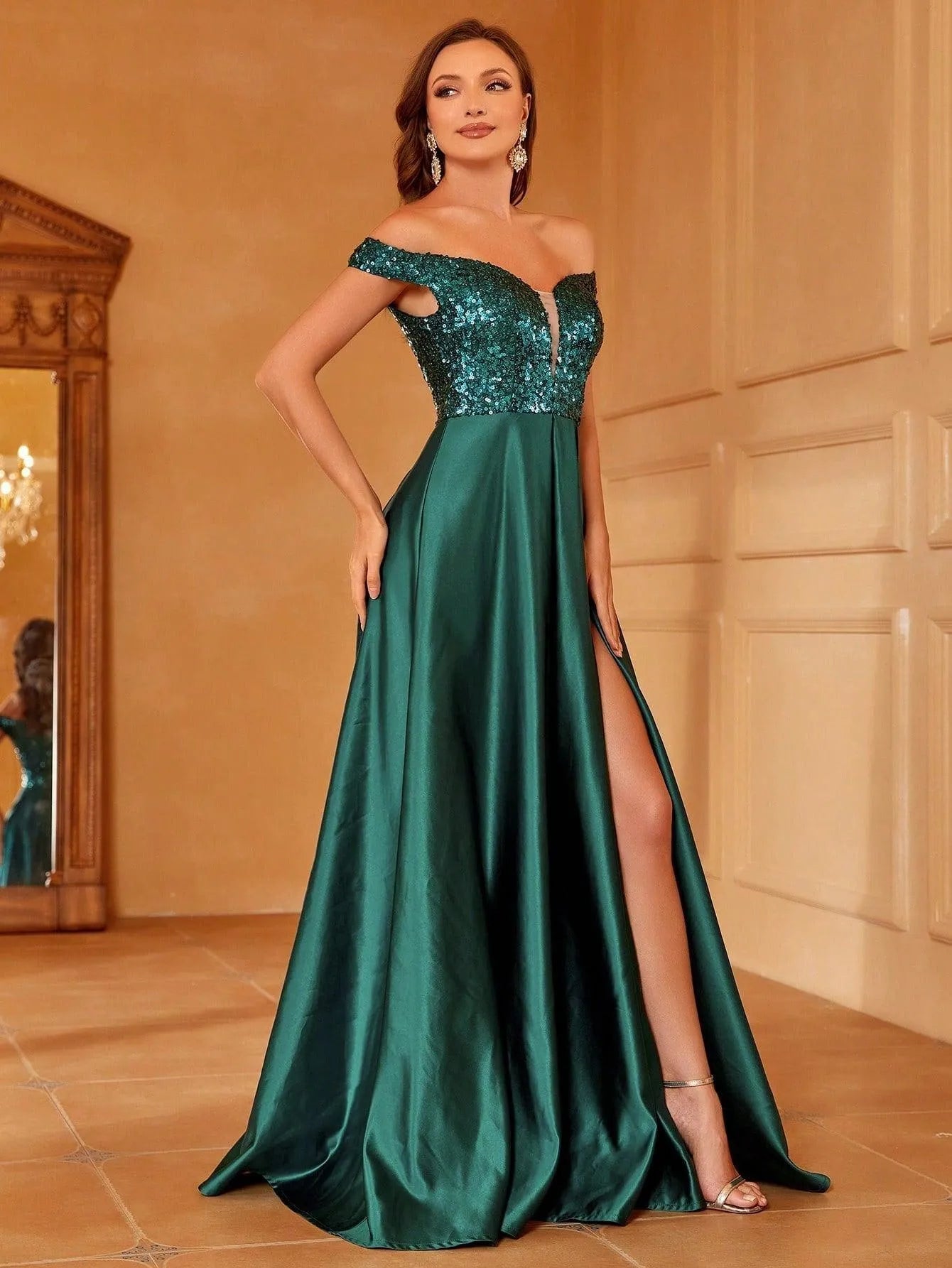 Off Shoulder Contrast Sequin Satin Prom Dress