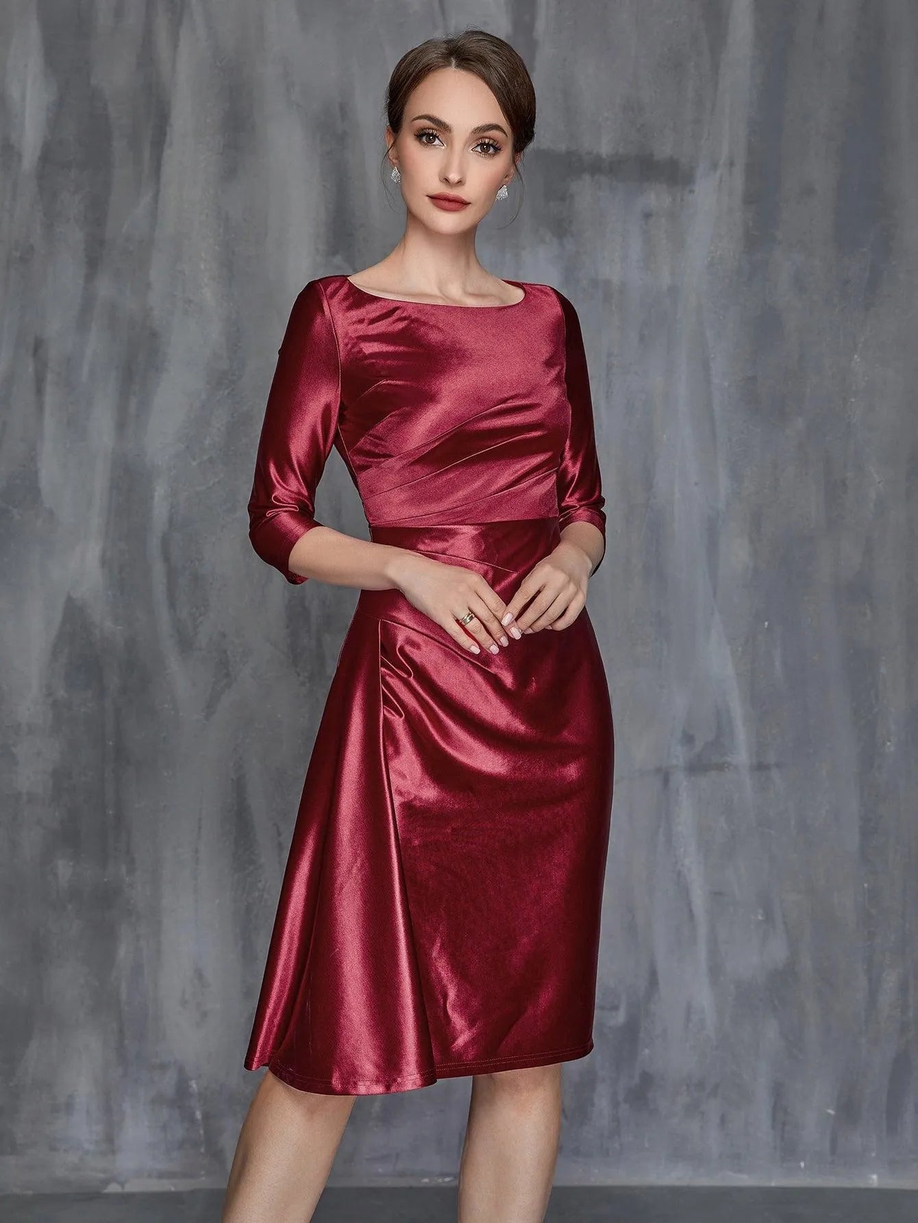 Womens' Solid Ruched Wrap Front Satin Dress