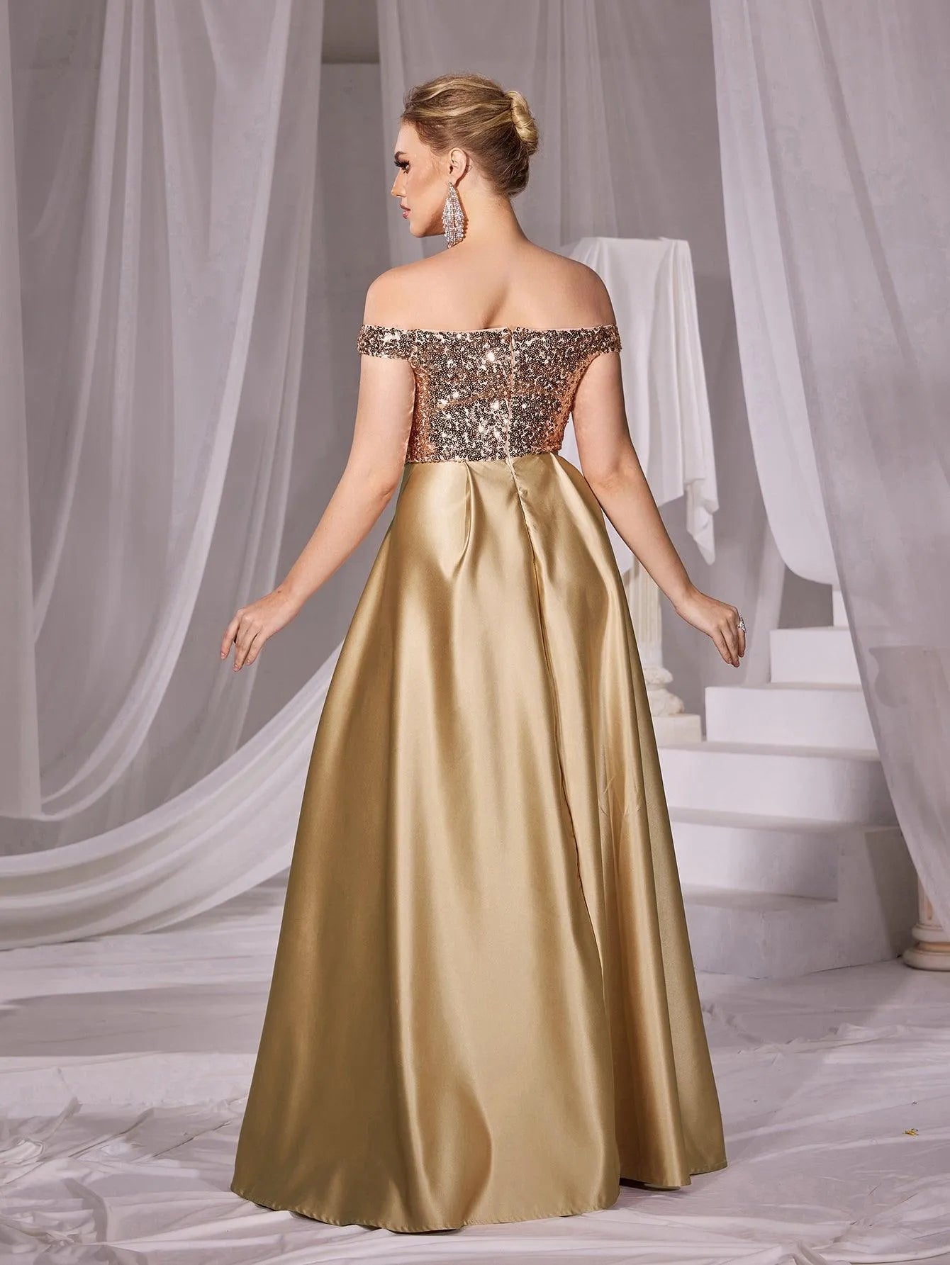 Off Shoulder Contrast Sequin Satin Prom Dress