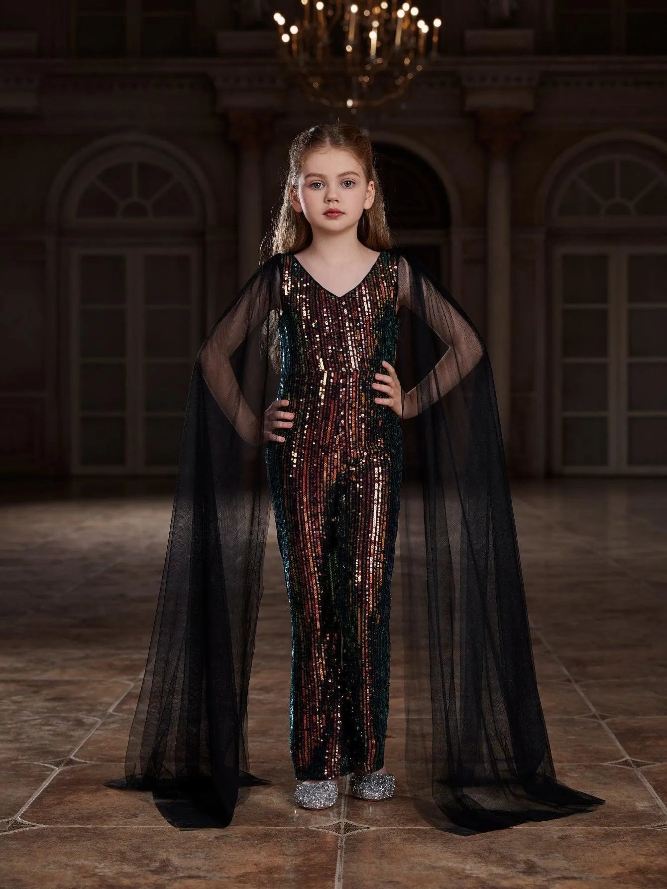 Tween Girls' V Neck Mesh Cape Sleeves Sequin Jumpsuit