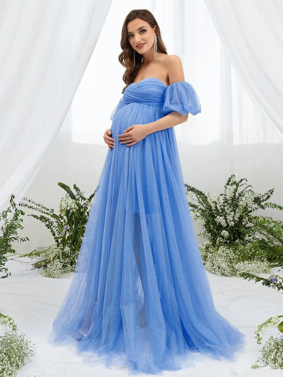 Maternity Off Shoulder Puff Sleeve Mesh Overlay Dress