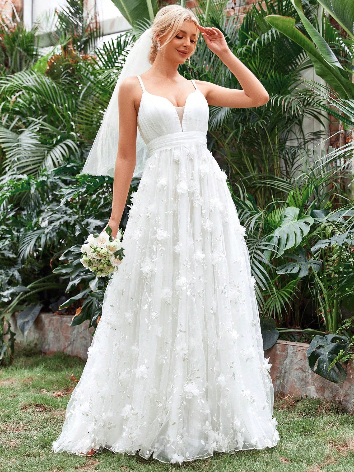 Plunging Neck Floral Applique Mesh Cami Wedding Dress