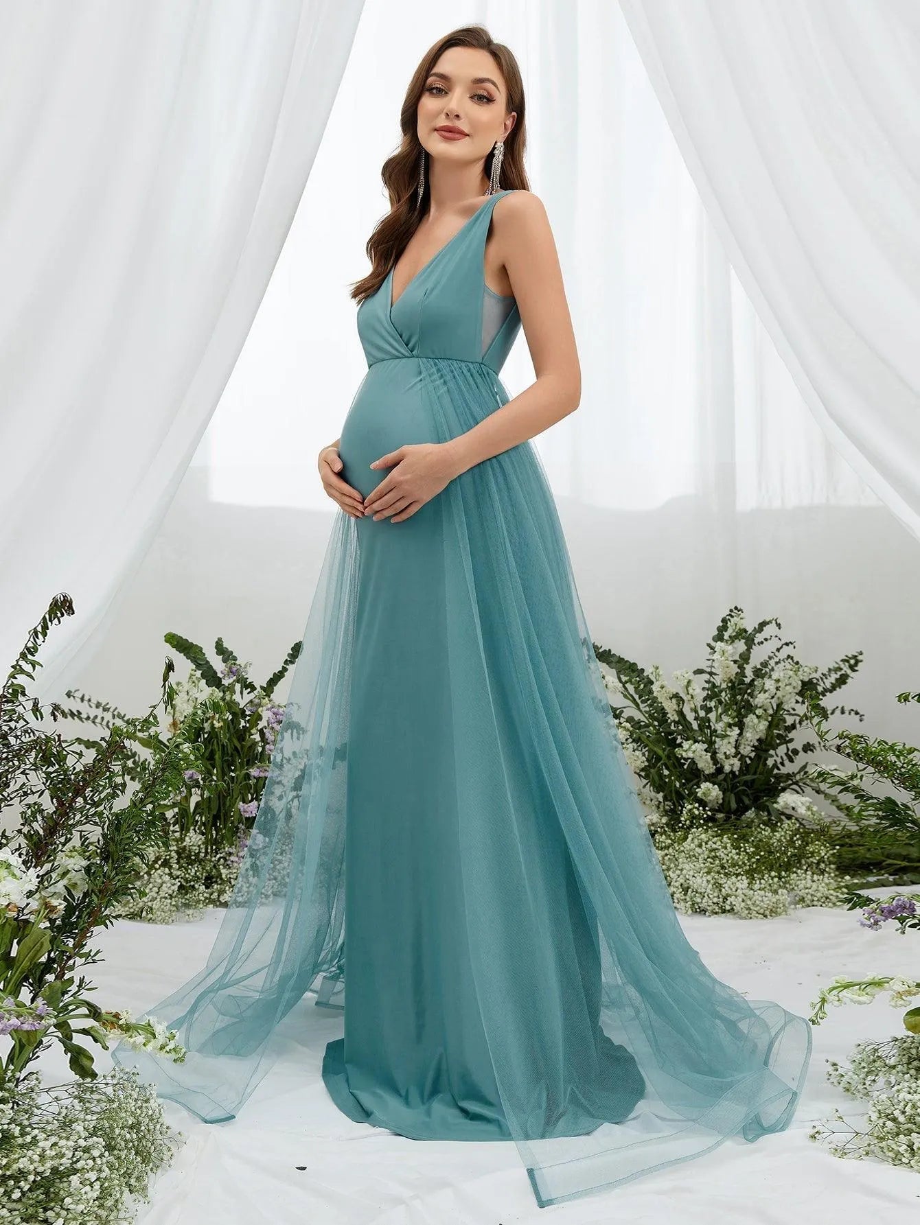 Maternity Backless Surplice Neck Mesh Overlay Dress