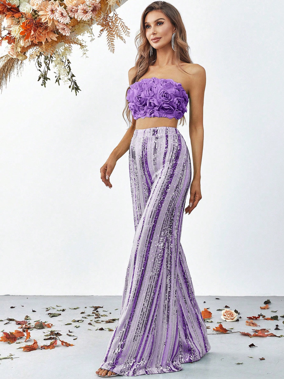 3D Flower Tube Top & Sequin Wide Leg Pants