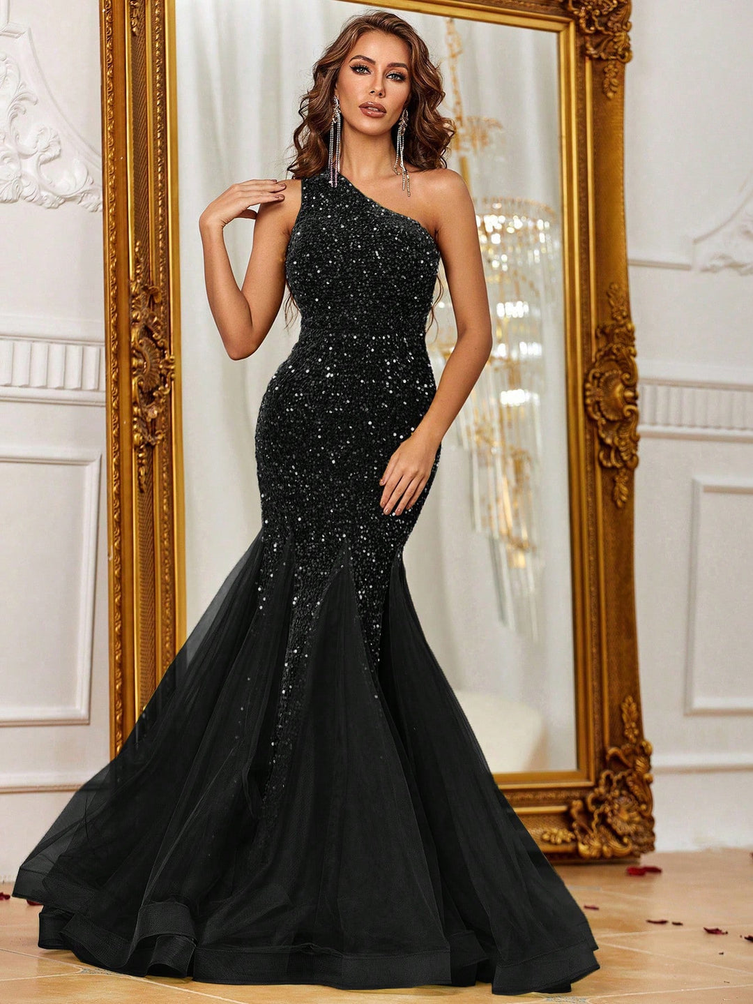 Elegant One Shoulder Sleeveless Mesh Insert Sequin Mermaid Dress