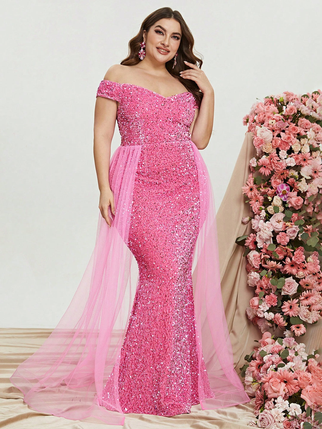 Plus Size Off Shoulder Mesh Layer on Waist Sequin Dresses