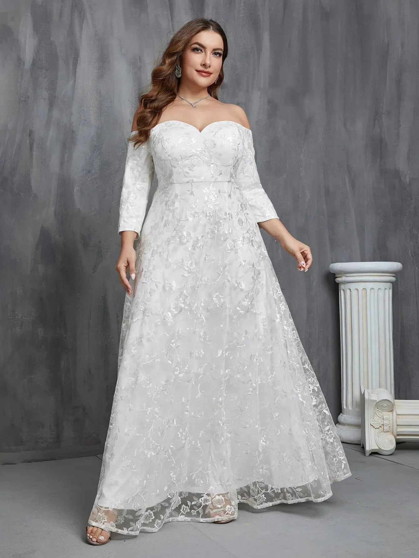 Plus Off Shoulder 3/4 Sleeves Sequin Wedding Dress