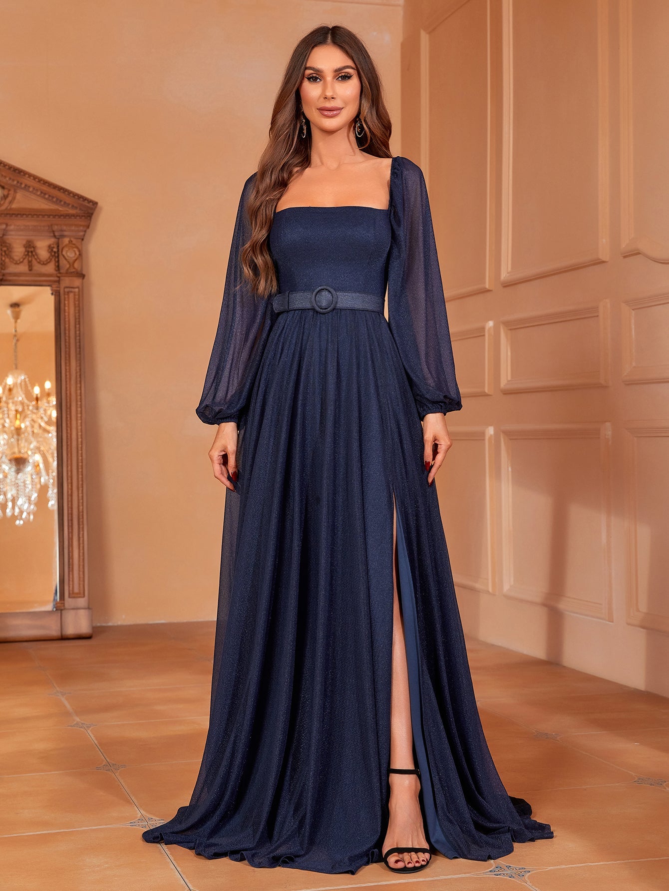 Solid Square Neck Lantern Sleeve Split Bridesmaid Dress