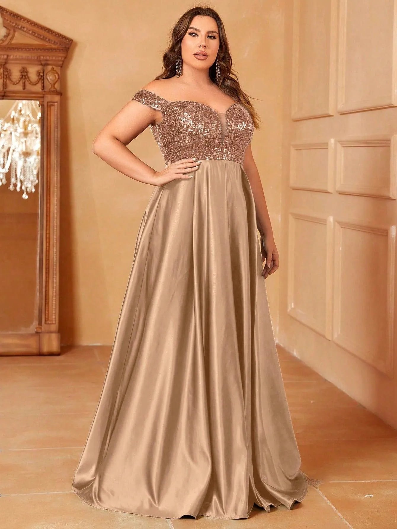 Plus Sweetheart Neckline Contrast Sequin Satin Prom Dress