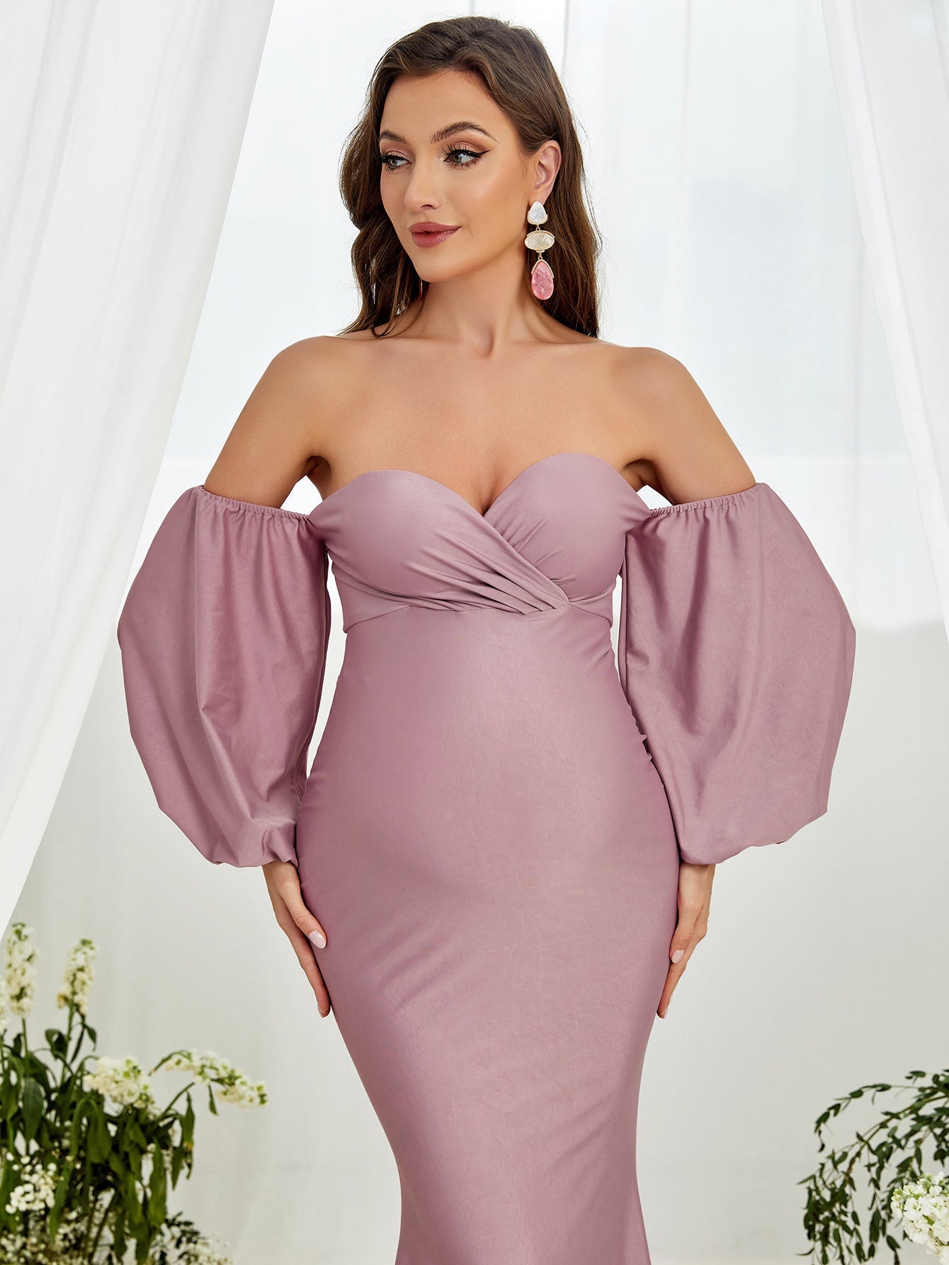 Maternity Off Shoulder Lantern Sleeve Mermaid Dress