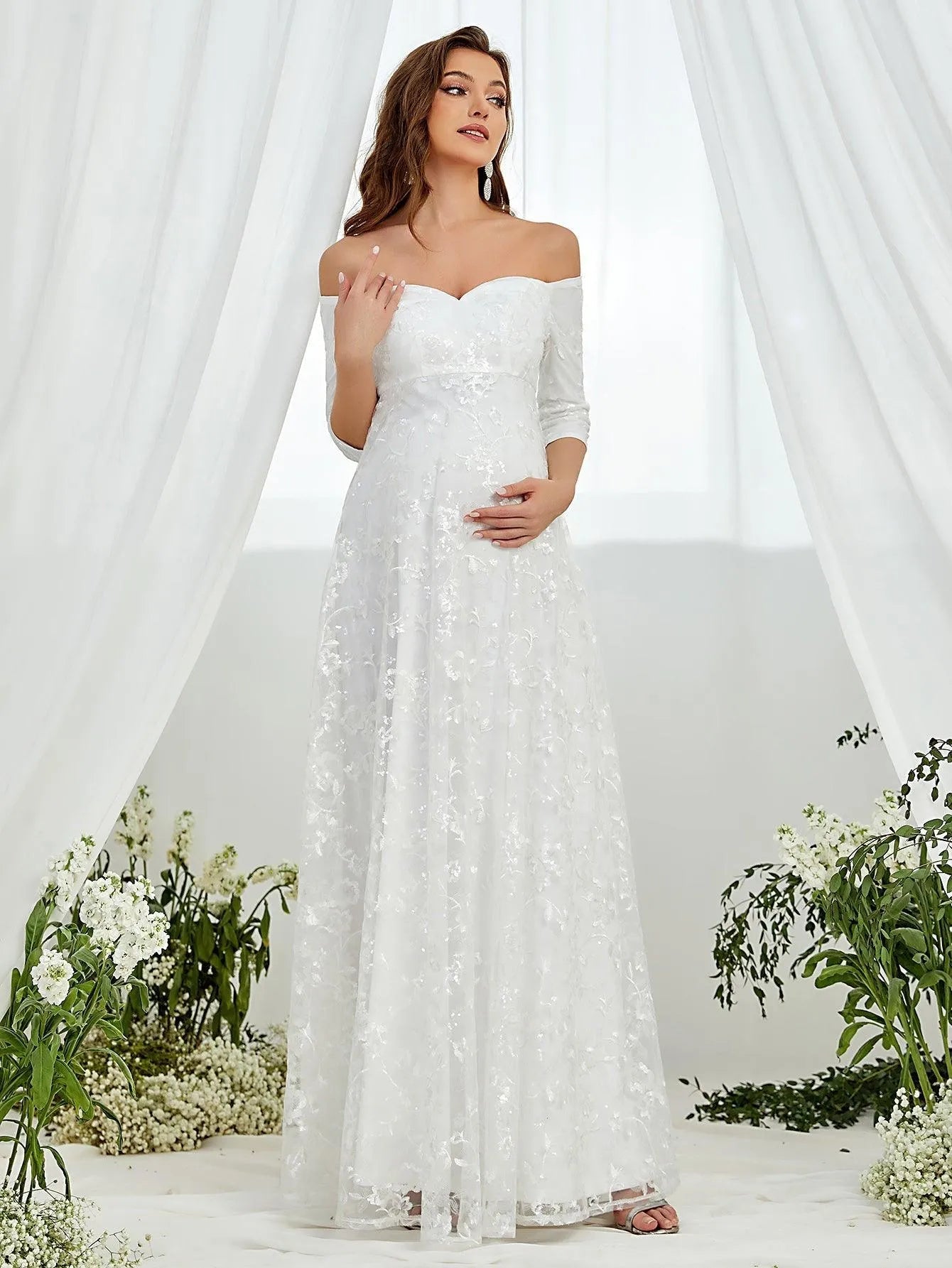 Maternity Off Shoulder Embroidered Mesh Wedding Dress