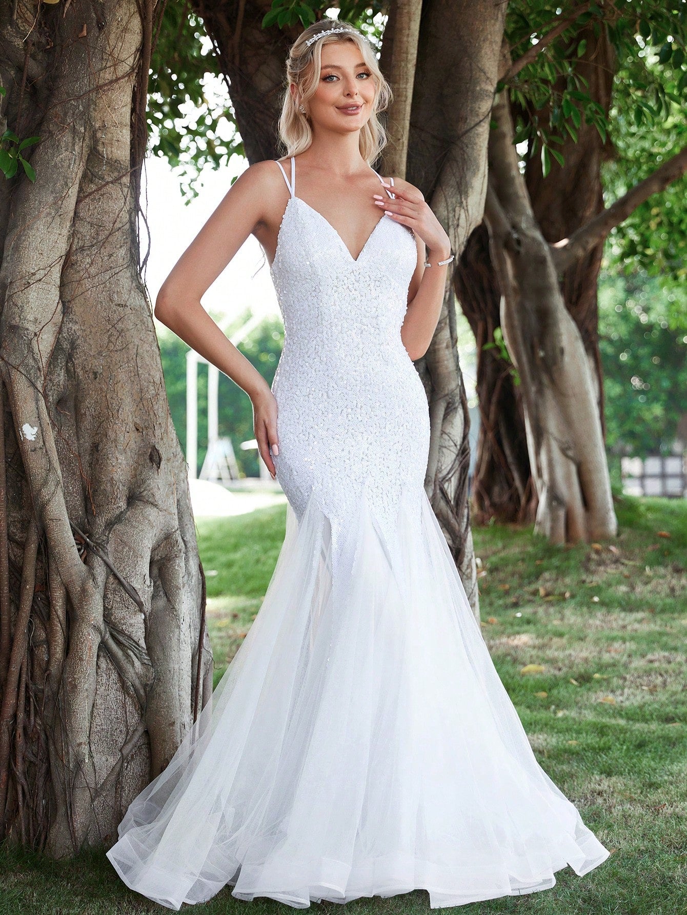 Lace Up Backless Mermaid Hem Sequin Cami Wedding Dresses