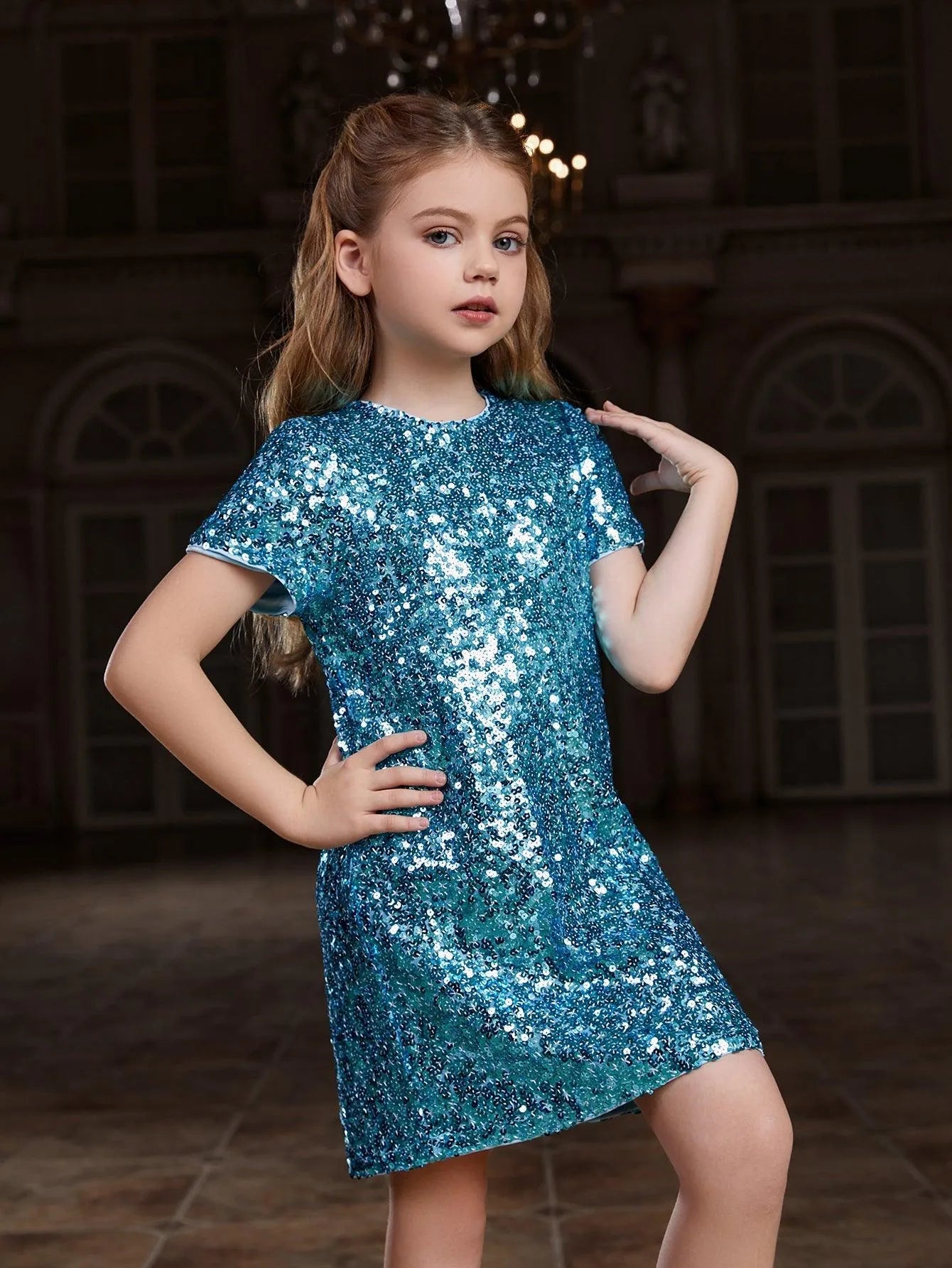 Tween Girls' Round Neck Short Sleeves Sequin Dress