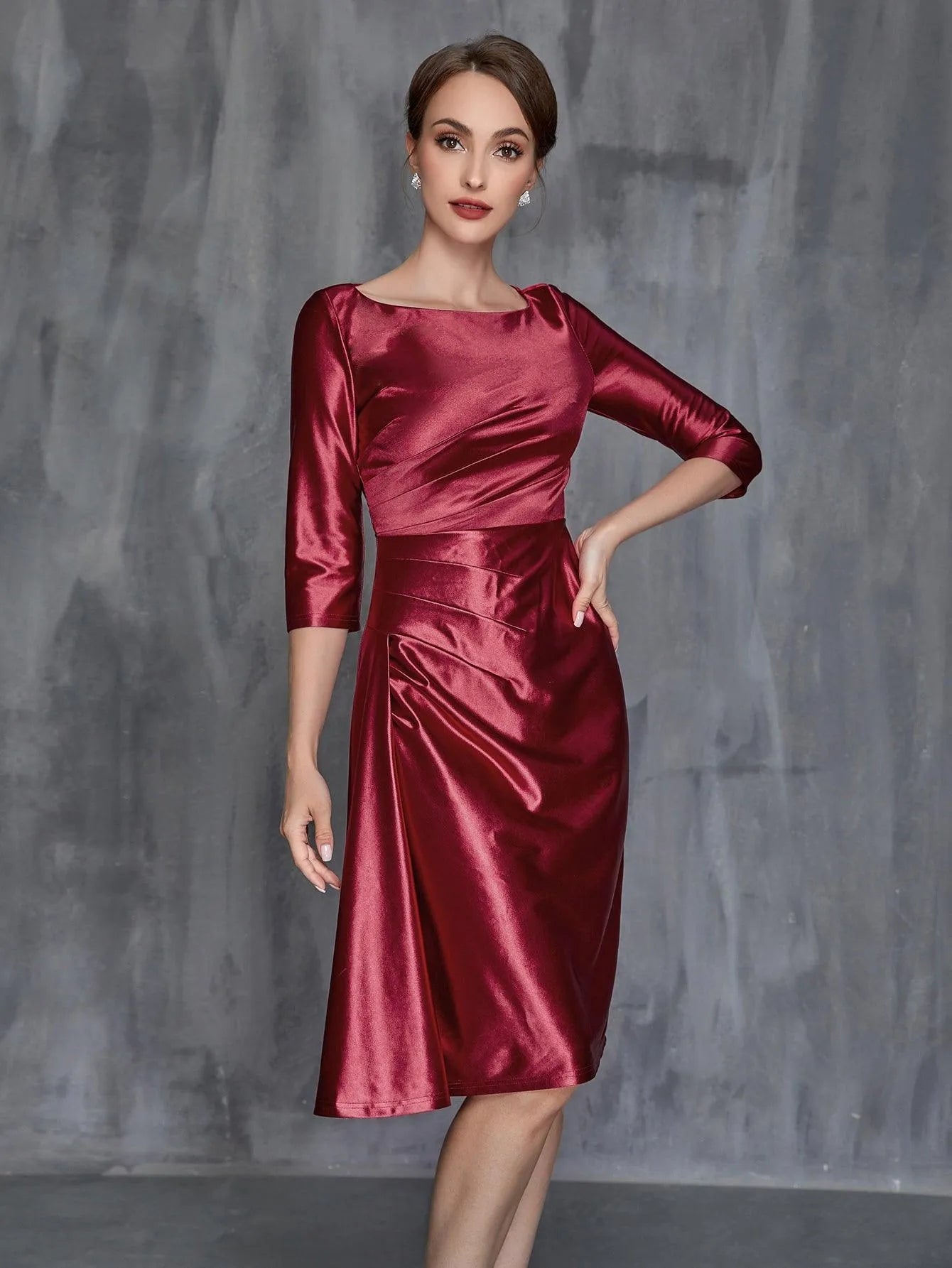 Womens' Solid Ruched Wrap Front Satin Dress