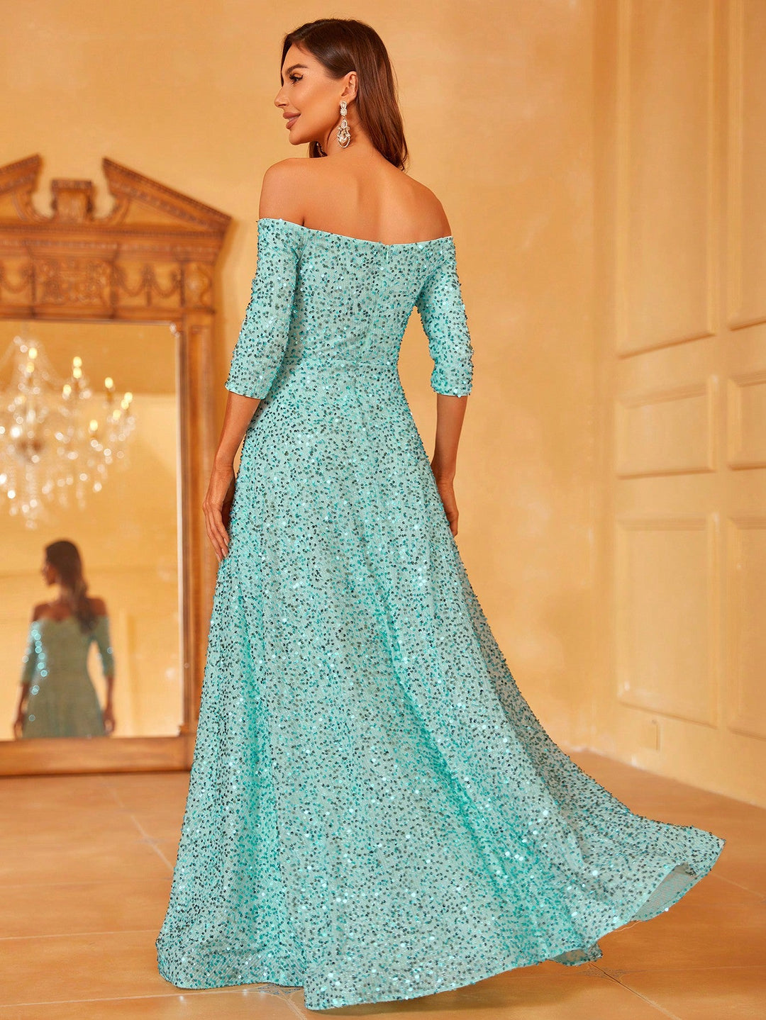 3/4 Sleeve Off Shoulder Sweetheart Sequin A Line Dresses