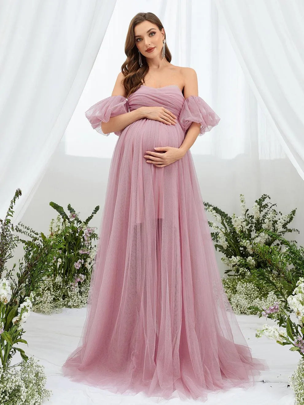 Maternity Off Shoulder Puff Sleeve Mesh Overlay Dress