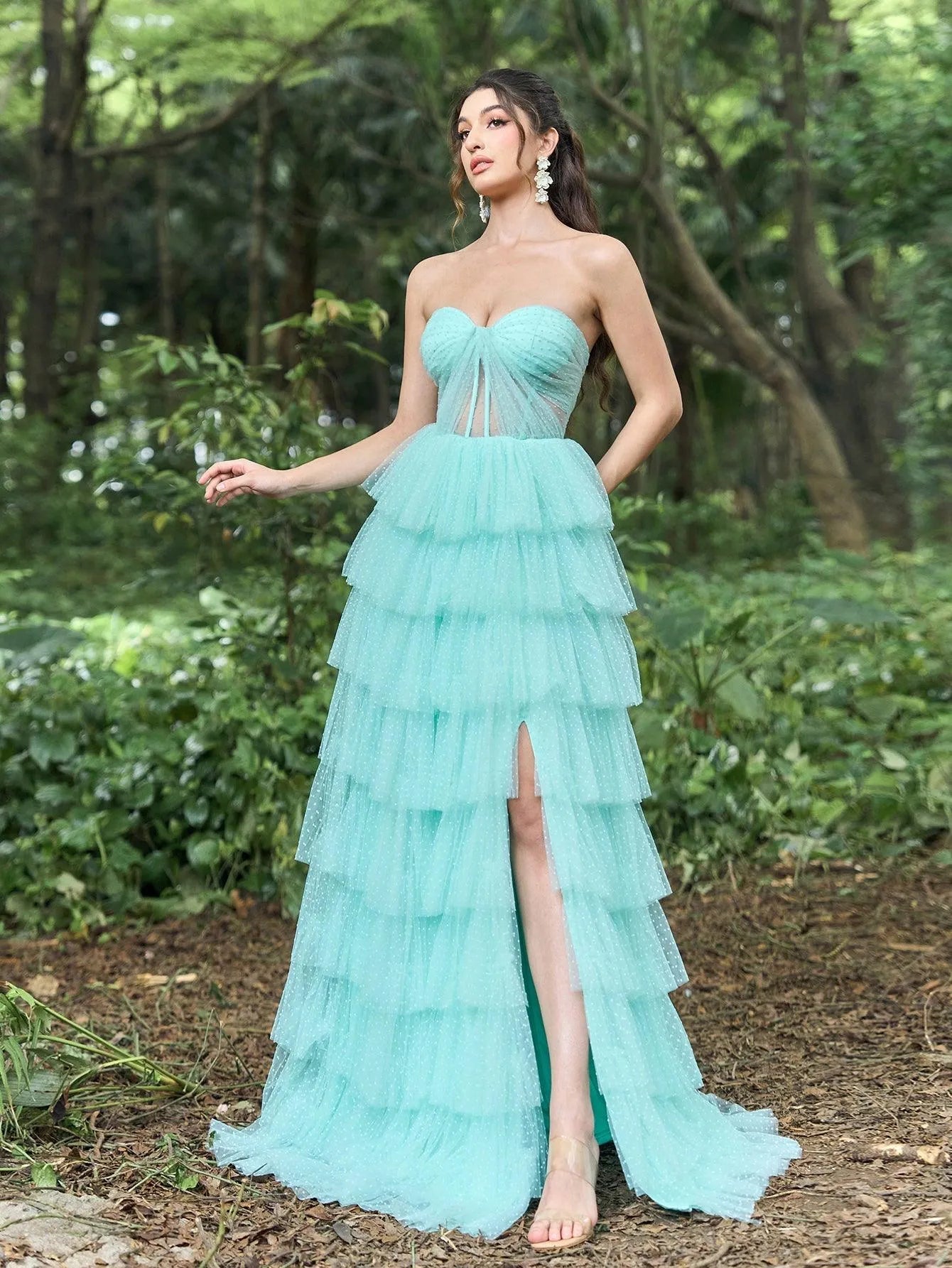 Elegant Ruched Bustier Split Ruffle Layered Hem Prom Tube Dress