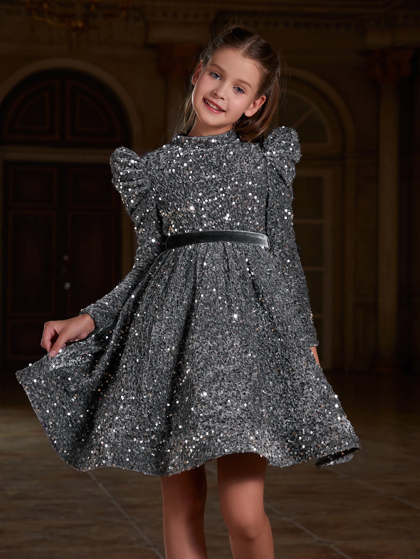 Tween Girls' Mock Neck Gigot Sleeve Sequin A Line Dress