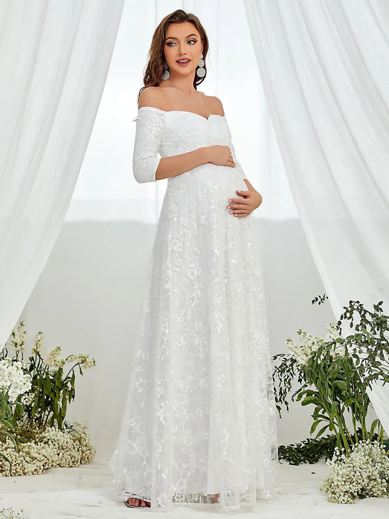 Maternity Off Shoulder Embroidered Mesh Wedding Dress