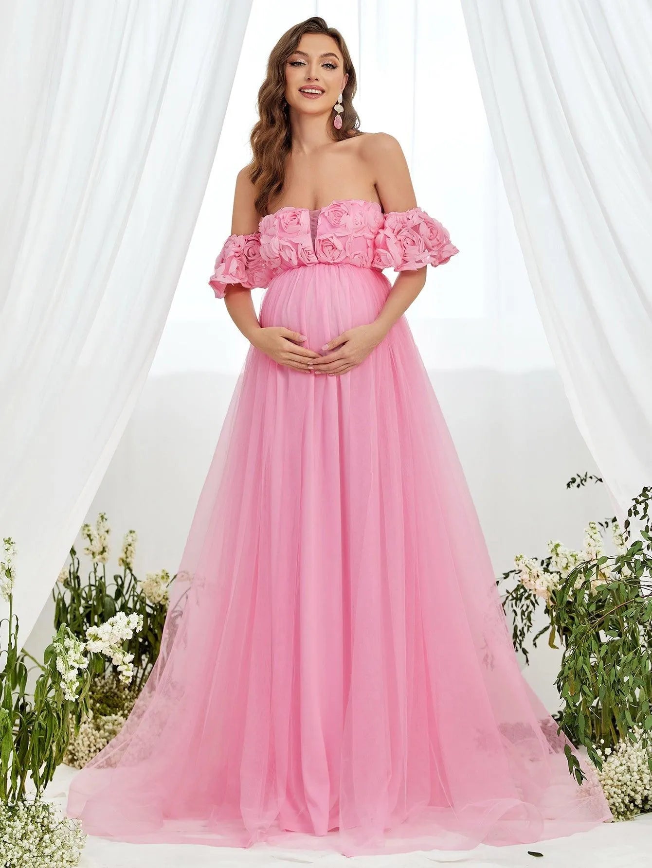 Maternity Flower Applique Off Shoulder Mesh A Line Dress