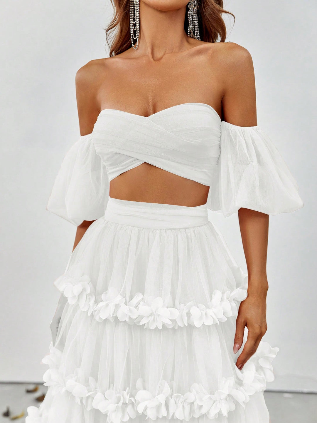 Off Shoulder Puff Sleeve Crop Top & Frill Trim Mesh Skirt