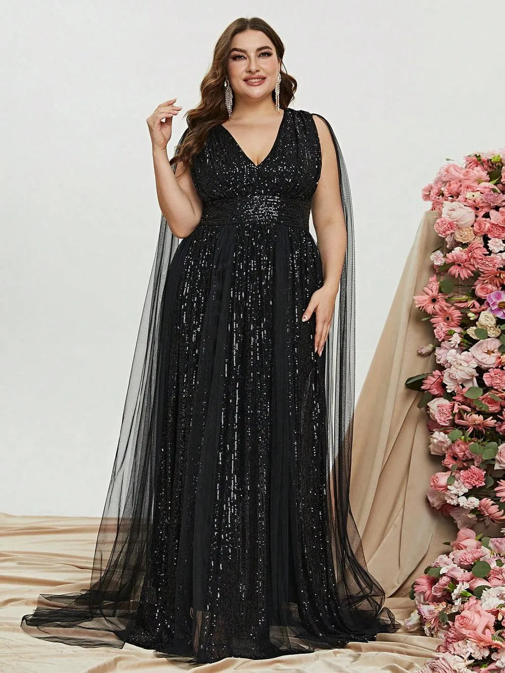 Plus Deep V Neck Sequin A Line Cape Dress