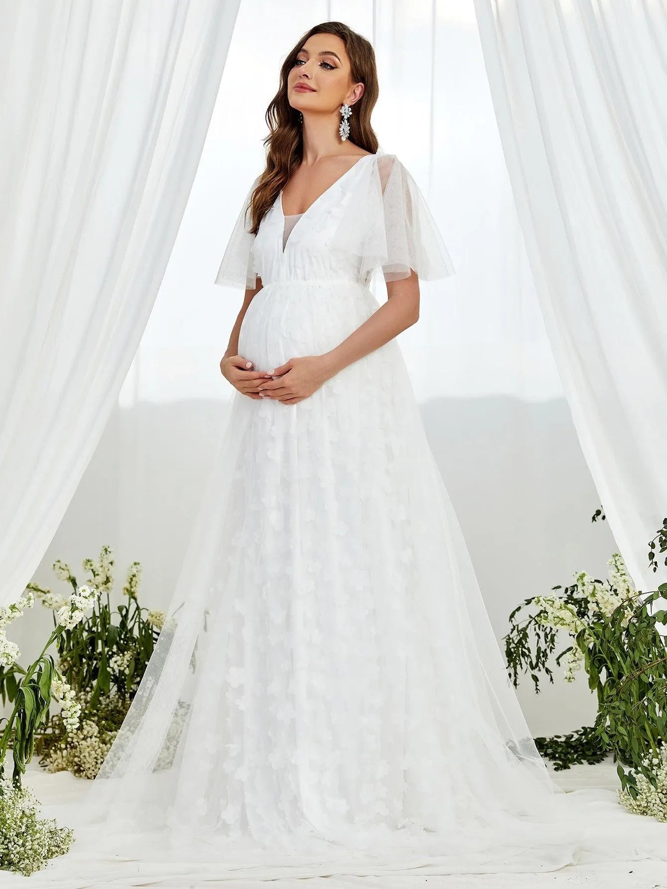 Maternity Butterfly Sleeve Floral Applique Mesh Wedding Dress