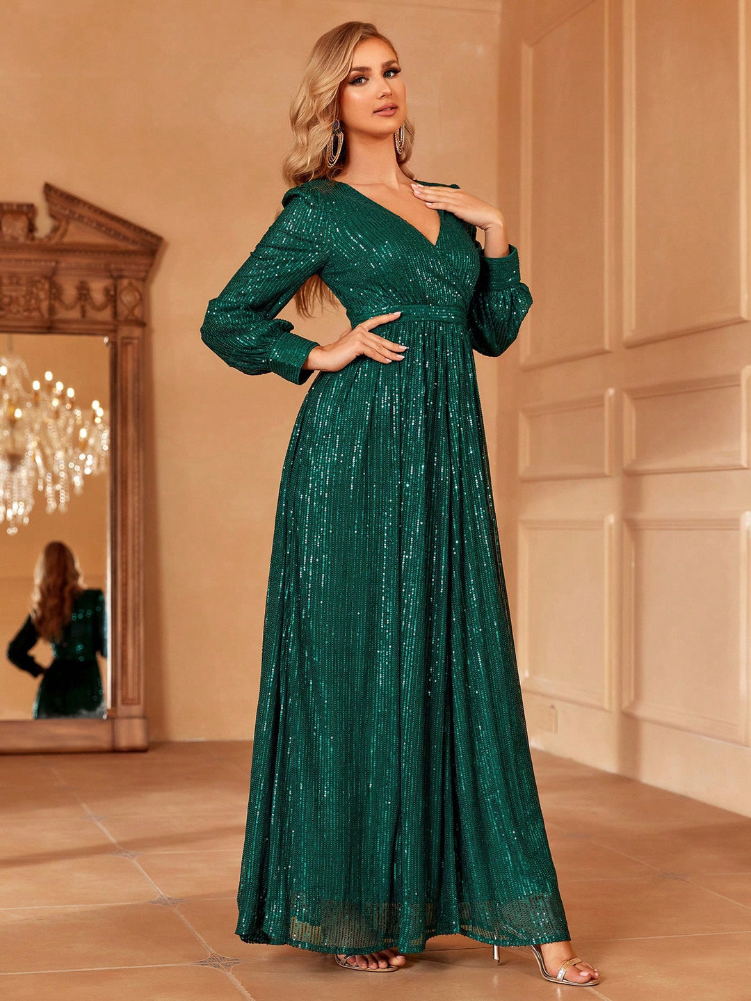 Elegant V Neck Lantern Sleeve Sequin A Line Dresses