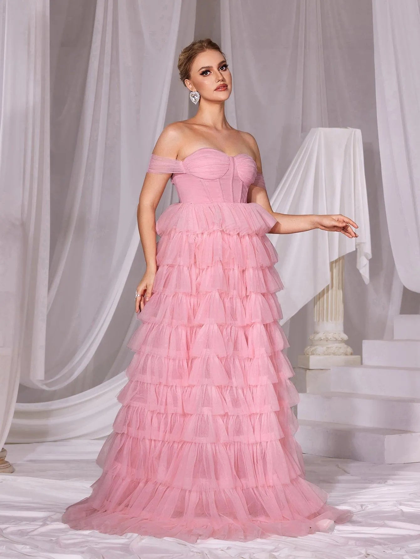 Off Shoulder Mesh Layered Hem Cake Prom Dress