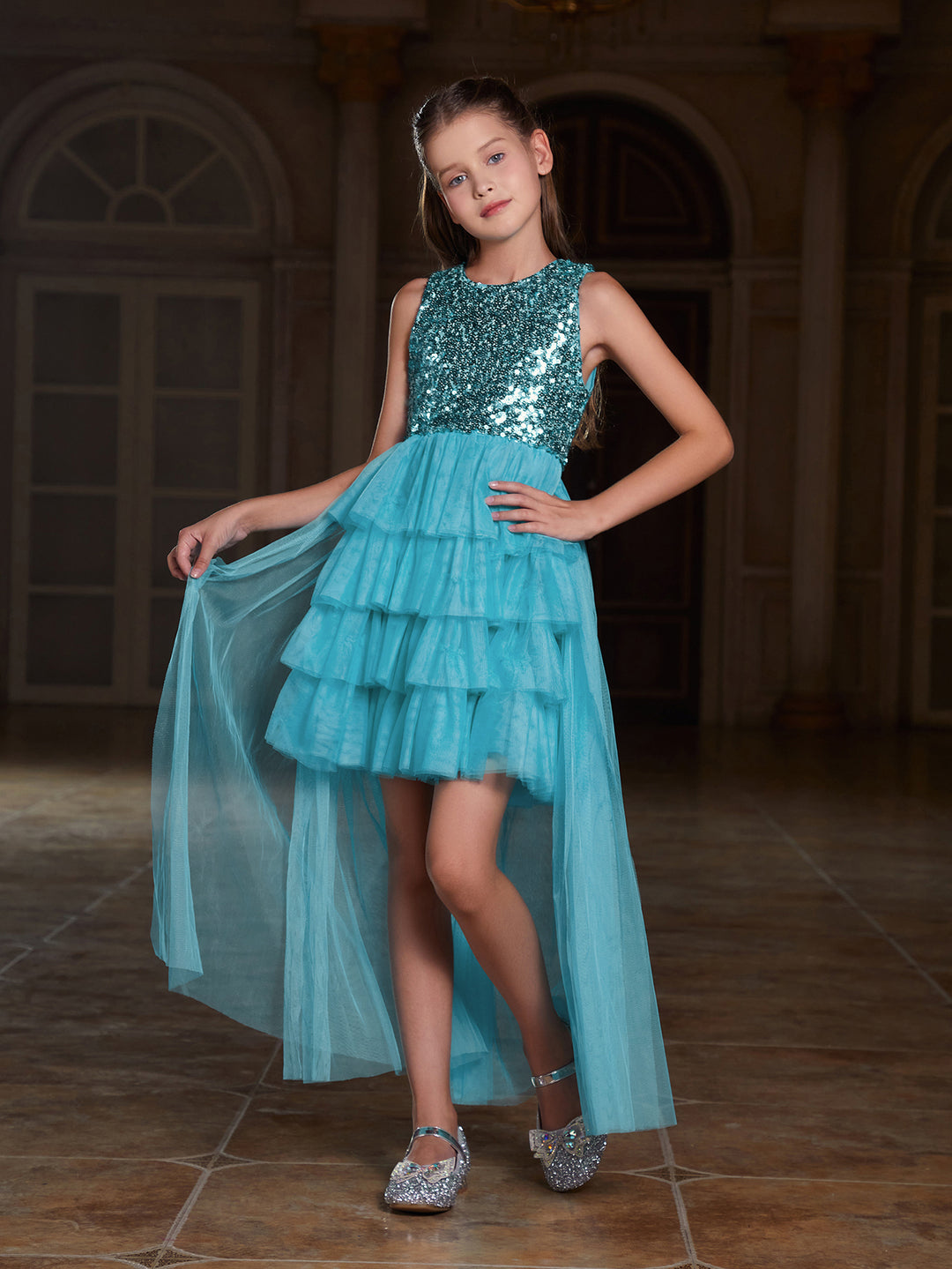 Tween Girls' Mesh Layered Hem Sequin Party Dress