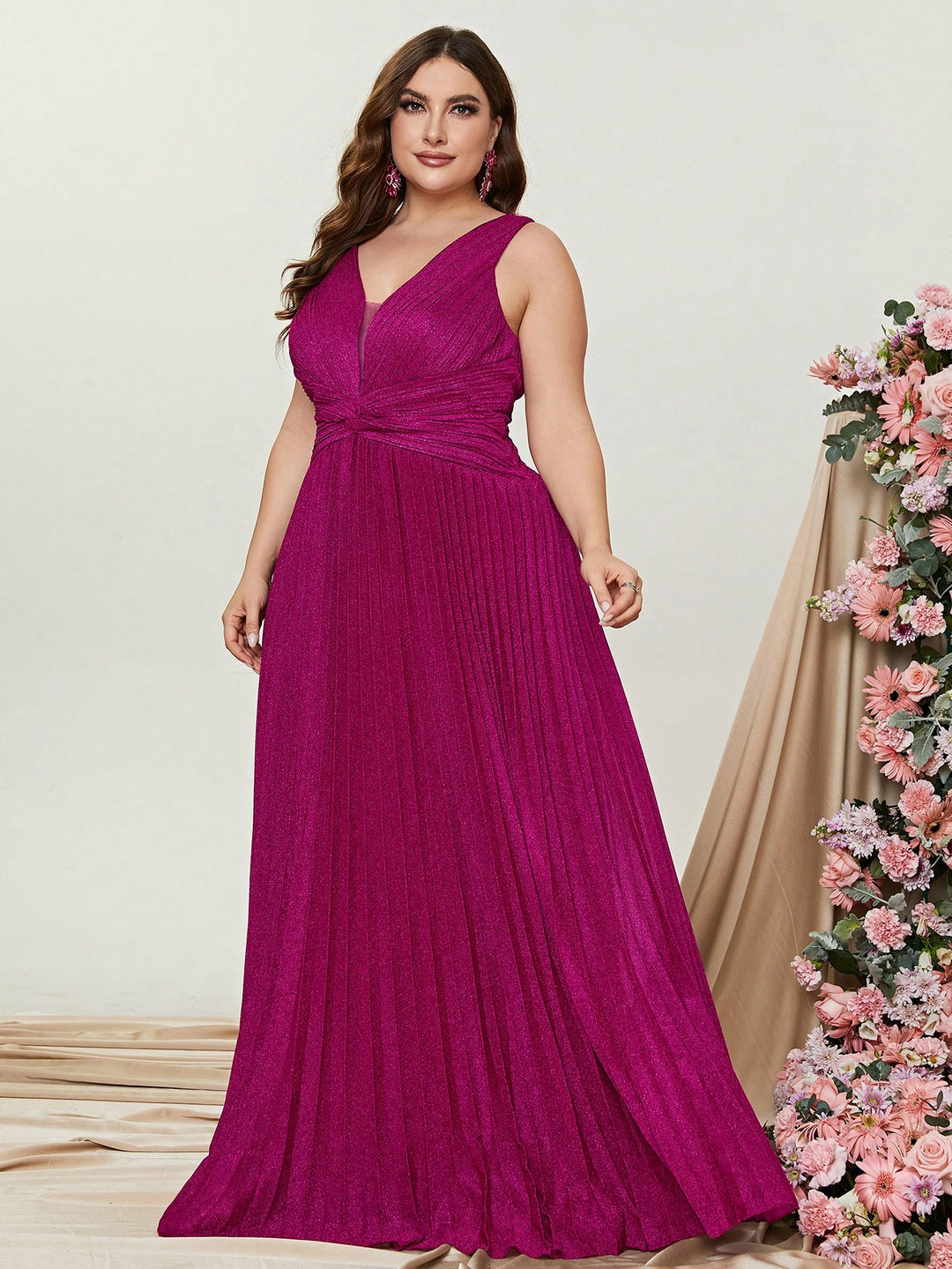 Plus Glitter V Neck Sleeveless Maxi A Line Pleated Gown