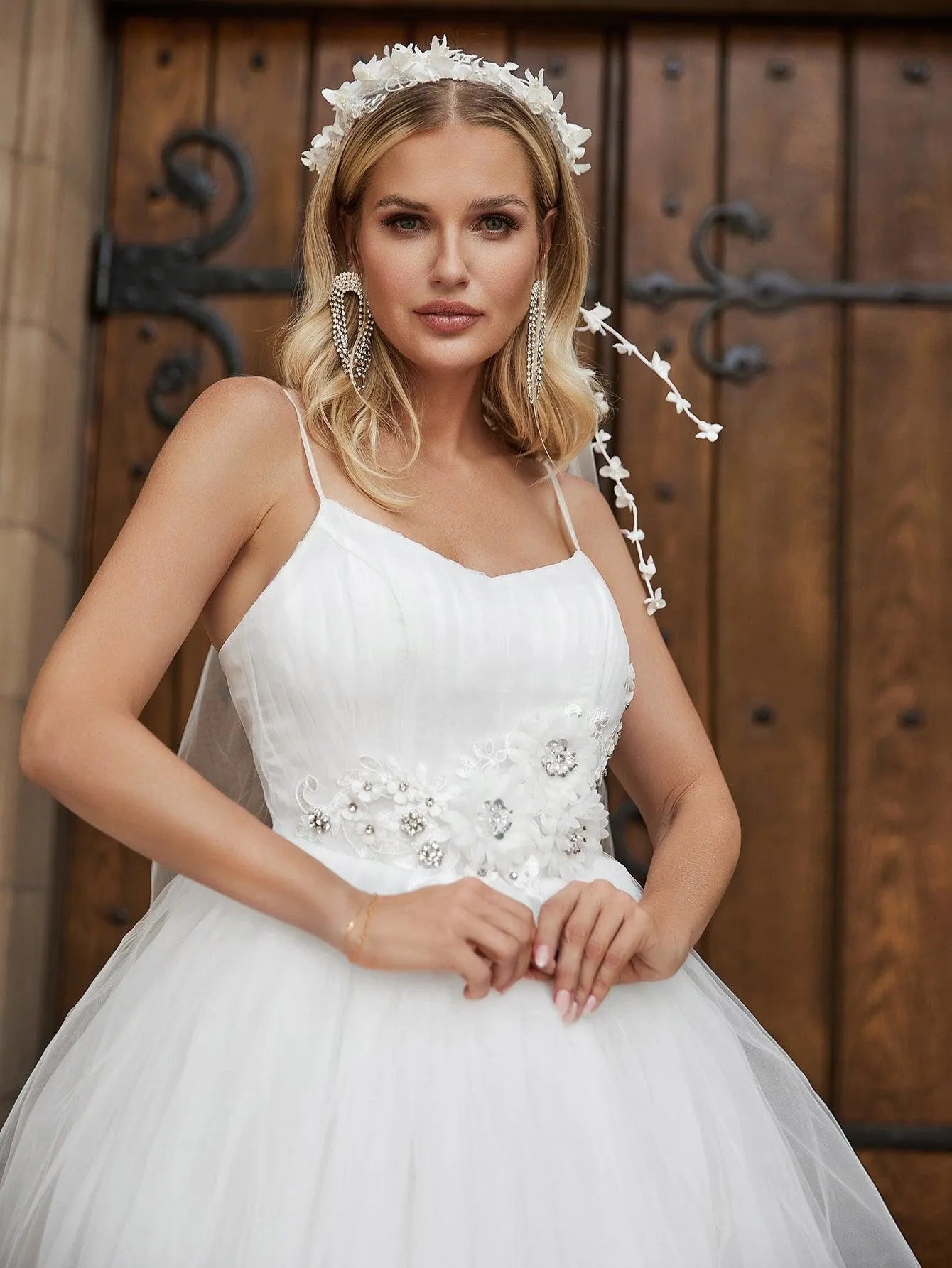 Floral Applique Mesh Cami Wedding Dress