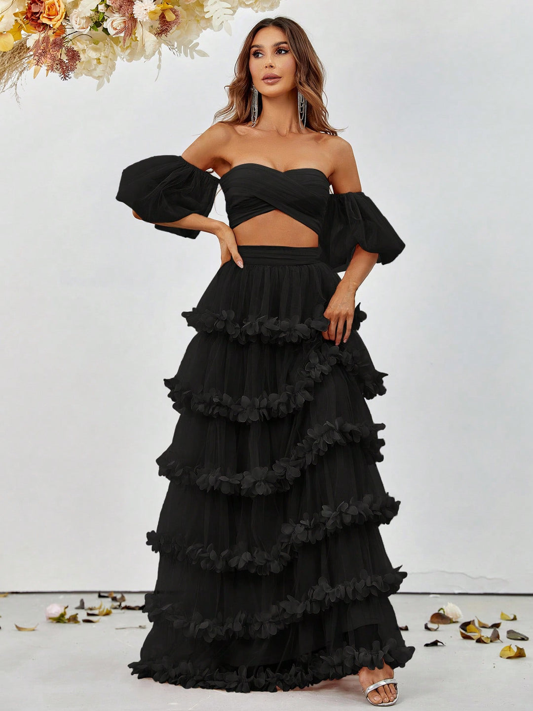 Off Shoulder Puff Sleeve Crop Top & Frill Trim Mesh Skirt