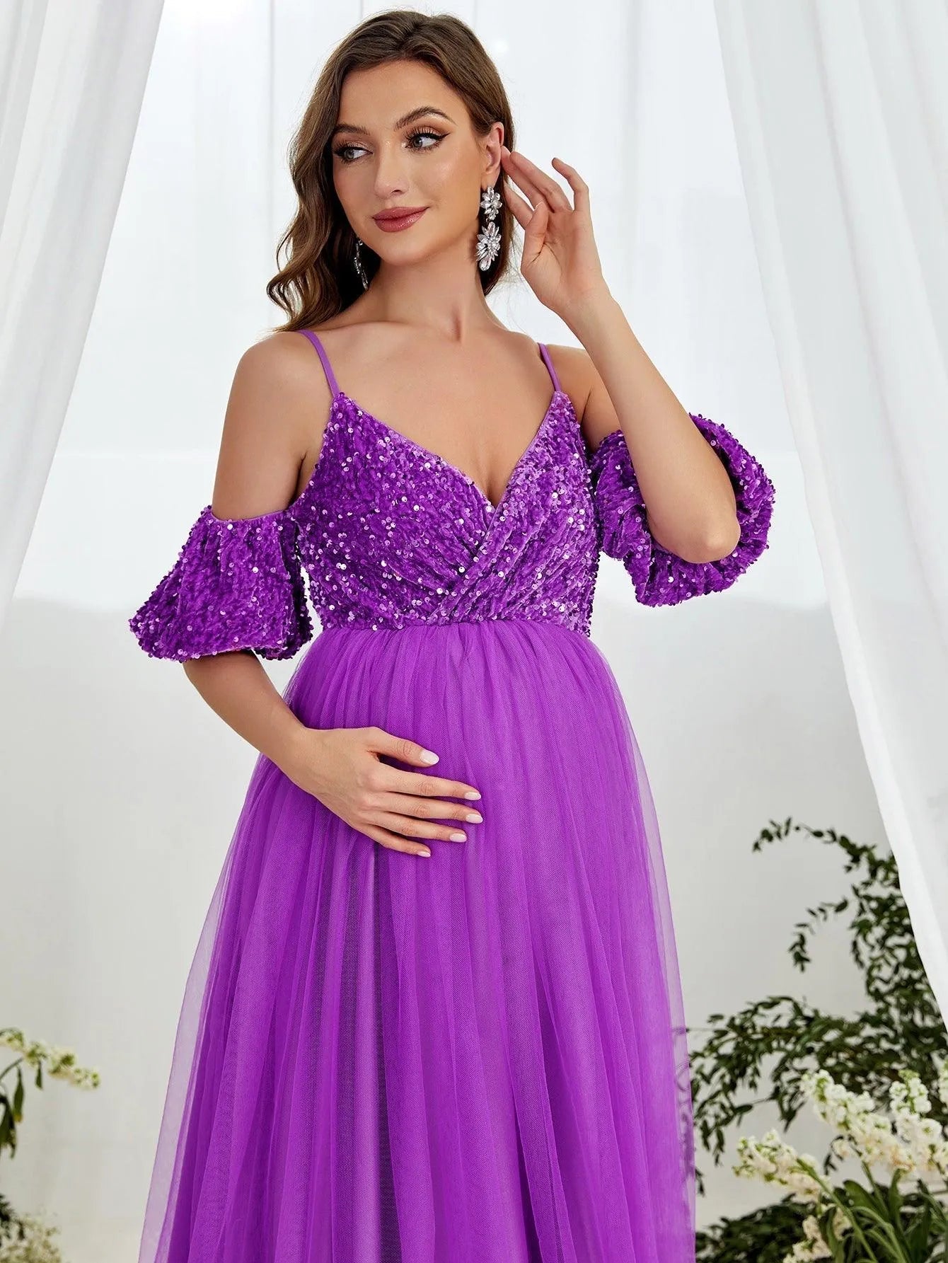 Maternity Cold Shoulder Sequin Bodice Contrast Mesh Hem Dress