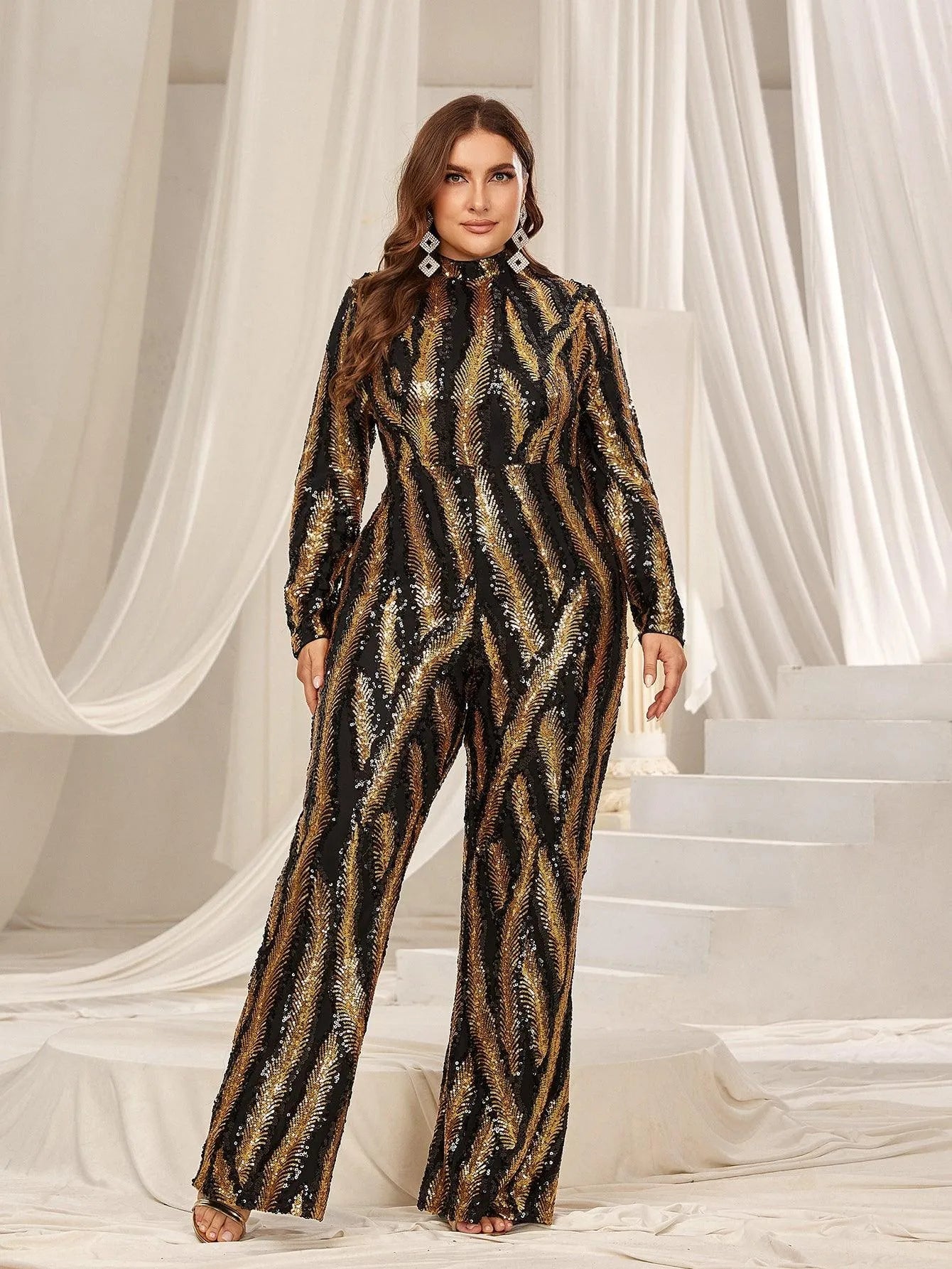 Plus Mock Neck Long Sleeves Graphic Sequin Jumpsuit