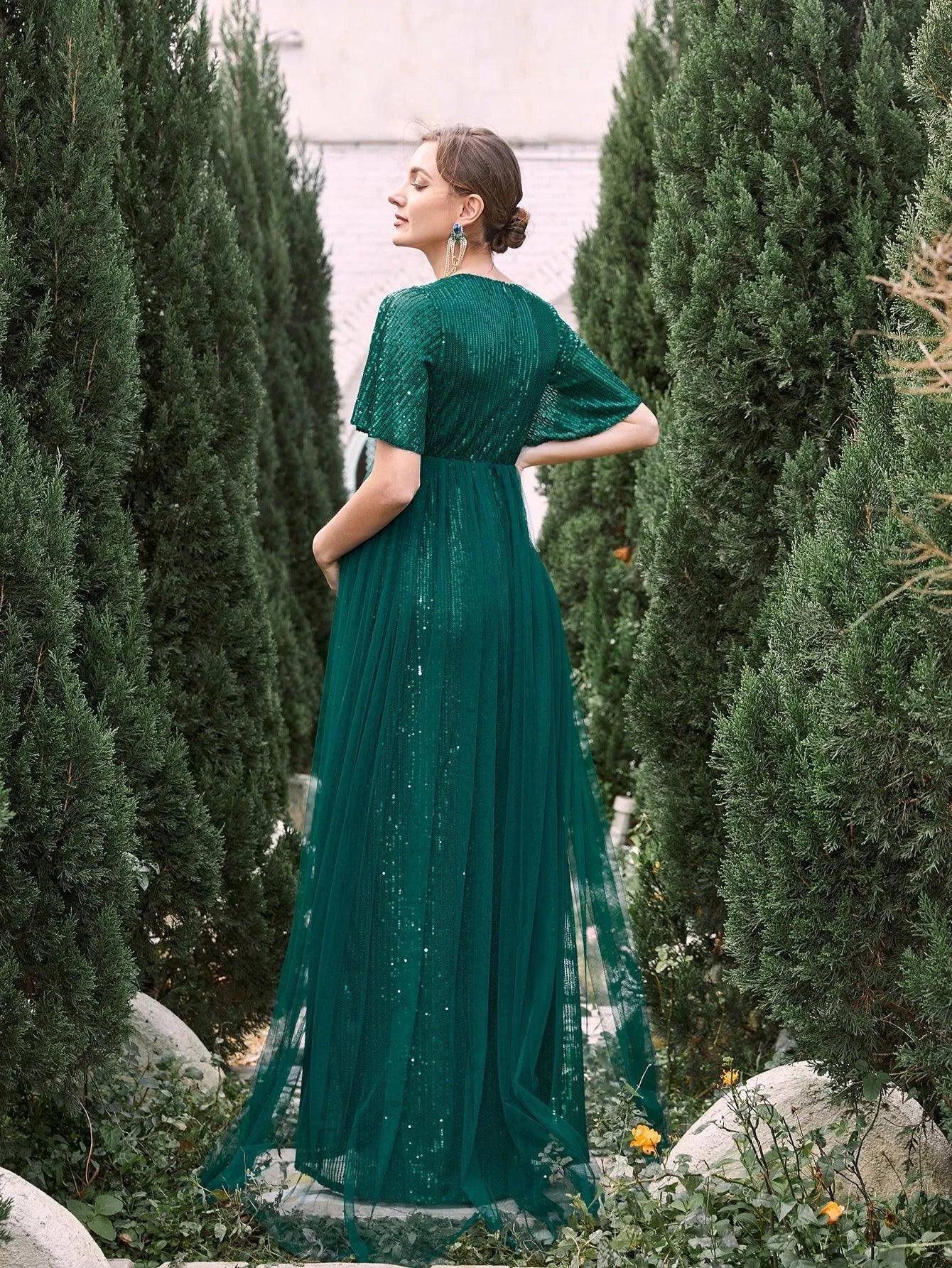 Maternity Mesh Overlay Puff Sleeves Sequin Prom Dress